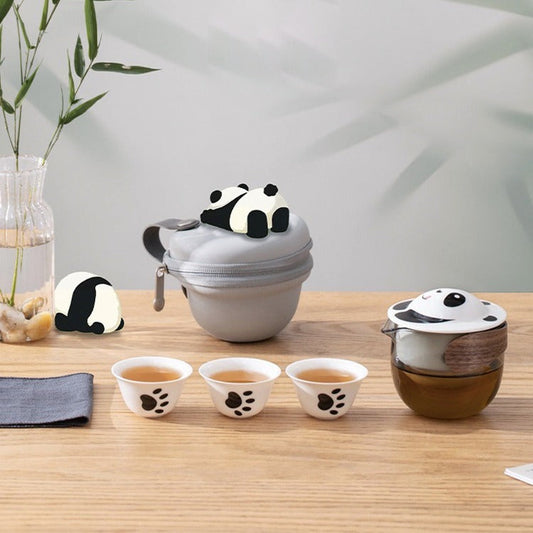 All-in-one panda shape travel tea set | 1 teapot, 3 cups, 1 case