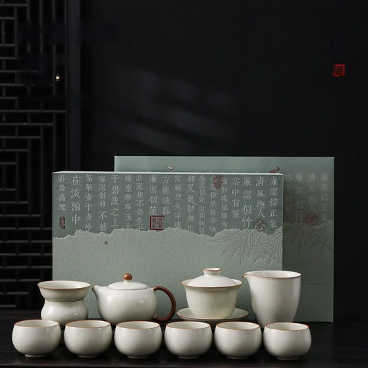 Ceramic gongfu tea set with teapot and cups for comparing ceramic and Yixing teaware.