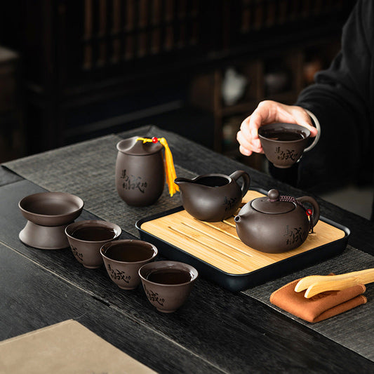 Authentic Zisha Purple Clay tea set with cups and tray