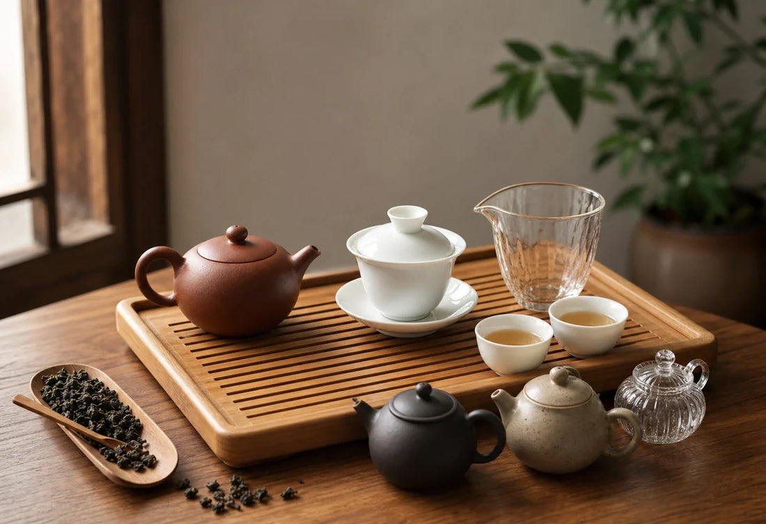 Beginner gongfu tea set with clay teapot, porcelain gaiwan, fairness pitcher, cups, bamboo tea tray, and loose oolong tea leaves