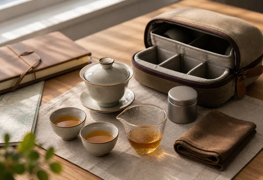 Compact travel tea set with gaiwan, tea cups, fairness pitcher, tea canister, and carrying case for portable gongfu tea brewing