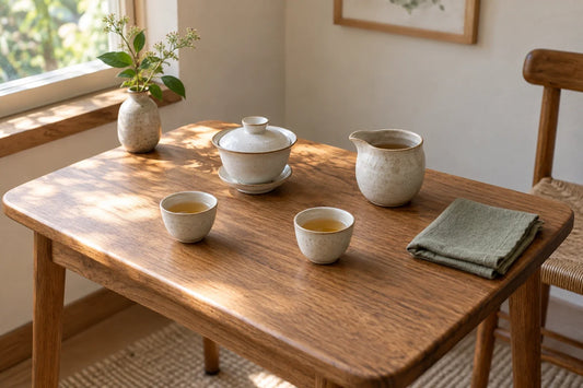 Two-person ceramic tea set arranged with space to pour on a small oak table