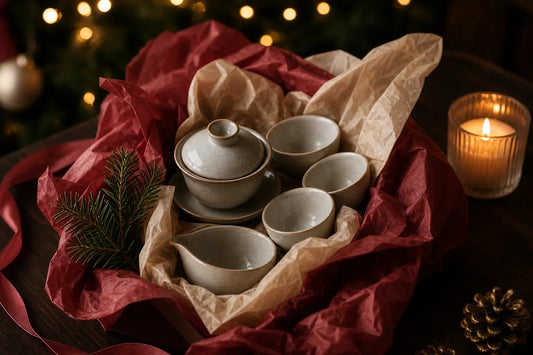 Ceramic gongfu tea set presented as a thoughtful Christmas gift with evergreen detail