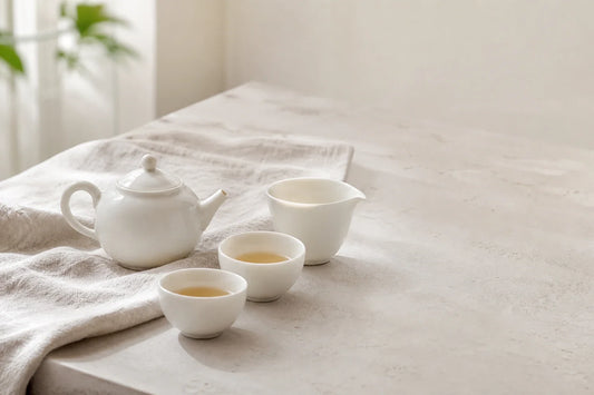 White porcelain tea set arranged in warm natural light for a Dehua porcelain tea article hero image.