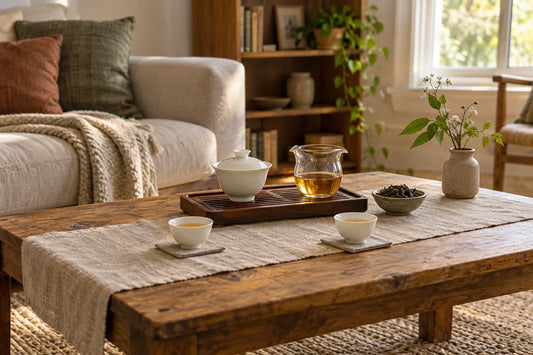 Two white porcelain cups, a gaiwan, and a clear fairness pitcher arranged for a gongfu tea session for two at a wooden home tea table.