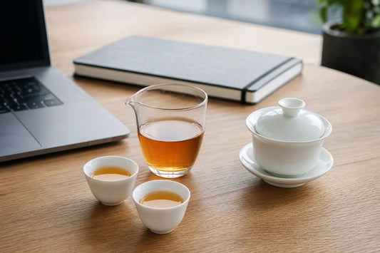 Compact white porcelain gongfu tea set arranged on a tidy office desk