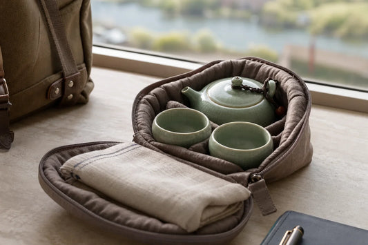 Portable celadon ceramic tea set packed in an open padded fabric travel pouch