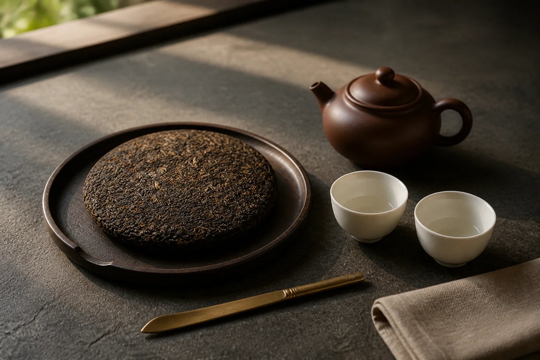 Editorial still life of a pu-erh tea cake, zisha teapot, and cups on a stone table.