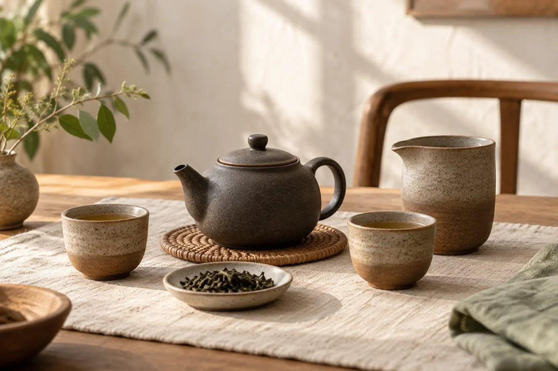 Unbranded speckled stoneware tea set with dark teapot, two cups, and serving pitcher on a linen-covered home tea table