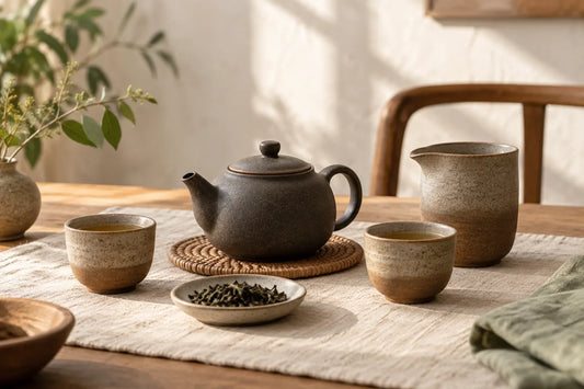 Unbranded speckled stoneware tea set with dark teapot, two cups, and serving pitcher on a linen-covered home tea table