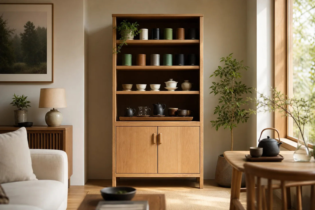 Oak tea cabinet with neatly organized tea tins, cups, and a small tea tray