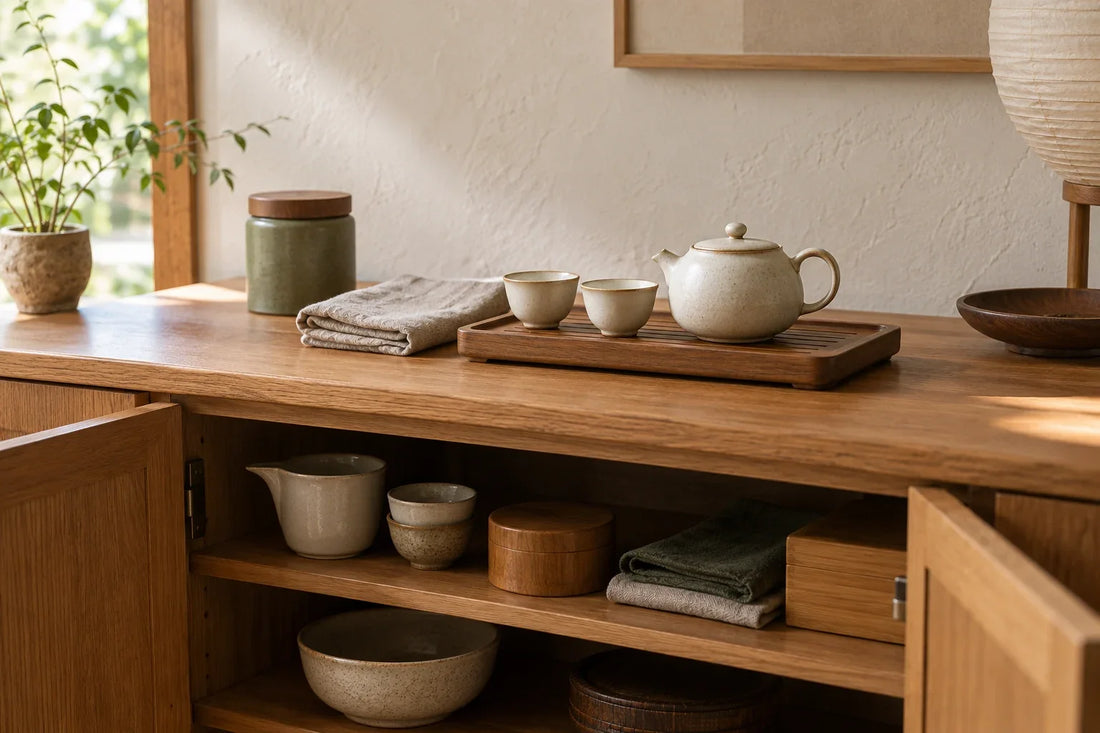 Open oak tea cabinet with a dry ceramic tea set, linen cloth, and tea tray reset between home tea sessions