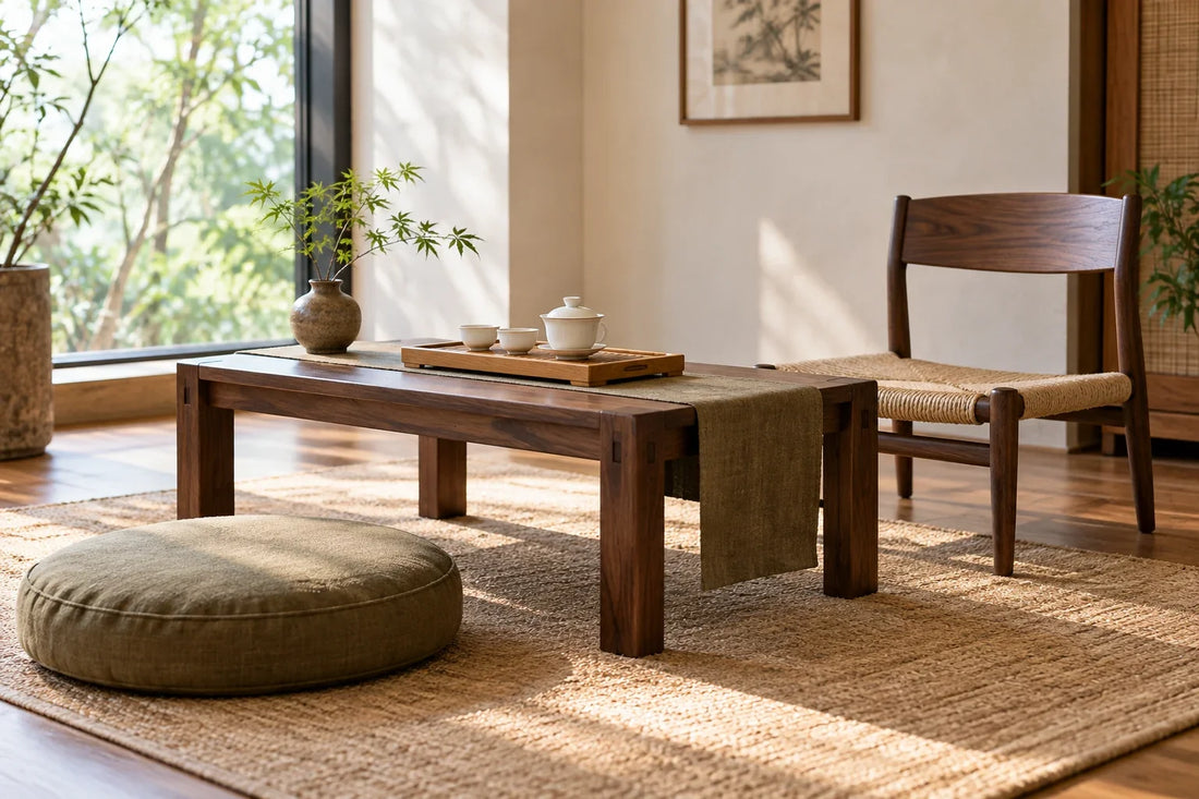 Low walnut tea table with floor cushion and chair for a practical home tea seating setup
