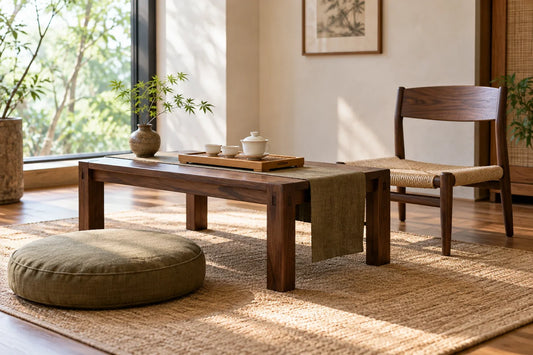 Low walnut tea table with floor cushion and chair for a practical home tea seating setup