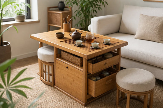Compact bamboo gongfu tea table with organized drawers and tea tools in a small living room.