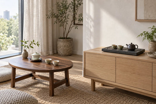 Editorial comparison of a walnut tea table and a charcoal tea tray in a bright home tea setting