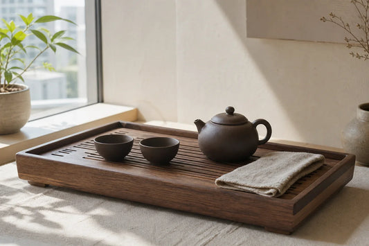 Walnut tea tray with drainage grooves, clay teapot, cups, and linen tea cloth