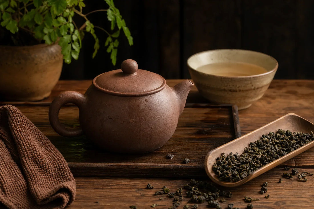 Brown Yixing teapot, oolong leaves, rinse bowl, and tea cloth prepared for seasoning