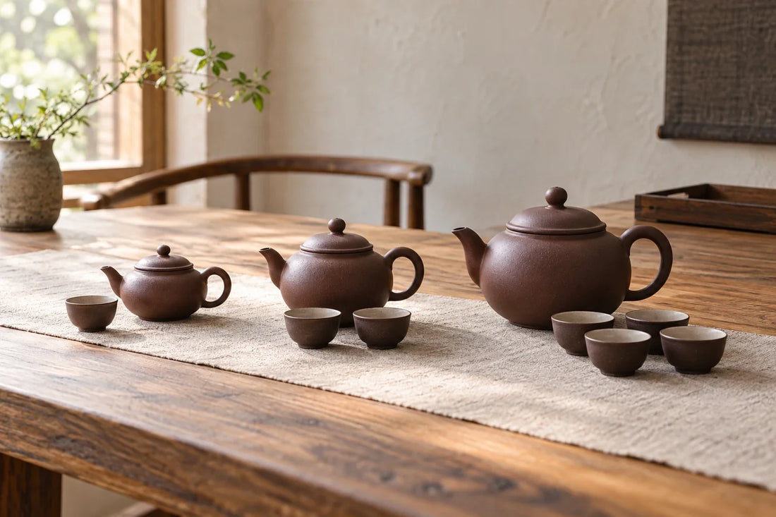 Three unbranded brown clay teapots in small, medium, and large sizes with matching cup groups on a linen-covered wood table