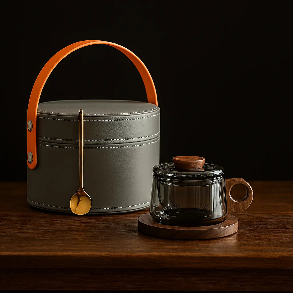 Cozy Travel Tea Mug with Infuser — 200ml Glass Cup, Wooden Saucer & Leather Travel Case
