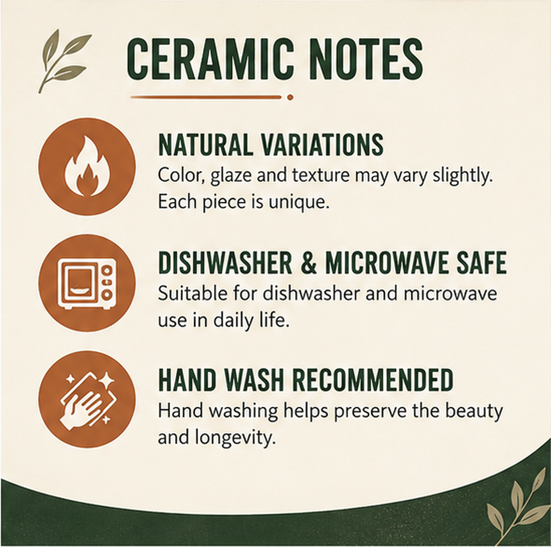 Ceramic care notes: natural variation, dishwasher and microwave safe, hand washing recommended