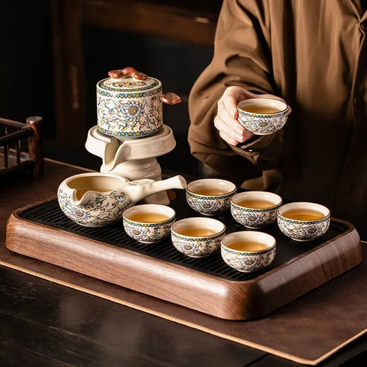 Ru Kiln Enamel Automatic Tea Set — Auto-Brew Gongfu Teaware with Walnut Tray