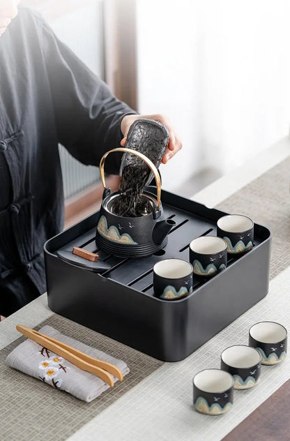 Black Ceramic Gongfu Tea Set — Complete Travel Set with Pot, Cups & Portable Storage Box