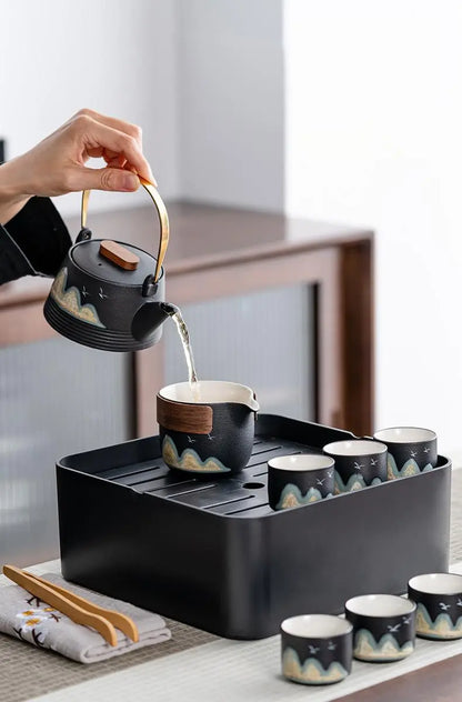 Black Ceramic Gongfu Tea Set — Complete Travel Set with Pot, Cups & Portable Storage Box