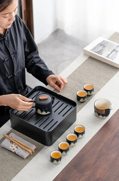 Black Ceramic Gongfu Tea Set — Complete Travel Set with Pot, Cups & Portable Storage Box