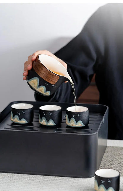 Black Ceramic Gongfu Tea Set — Complete Travel Set with Pot, Cups & Portable Storage Box