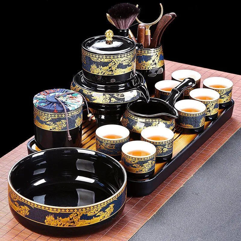 Black & Gold Automatic Gongfu Tea Set — Complete Lazy Teapot Setup for Home Use