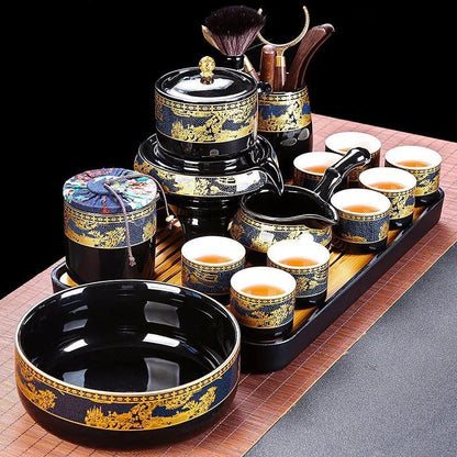 Black & Gold Automatic Gongfu Tea Set — Complete Lazy Teapot Setup for Home Use