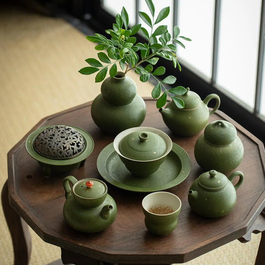 Celadon Green Ceramic Tea Set — Gold-Flecked Antique Style Gongfu Teaware Collection