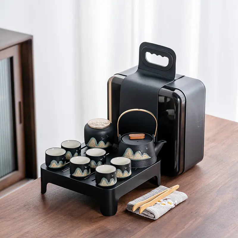Black Ceramic Gongfu Tea Set — Complete Travel Set with Pot, Cups & Portable Storage Box