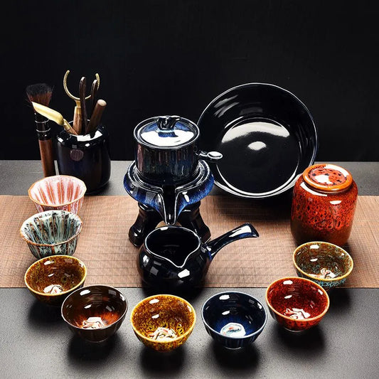 Kiln-Fired Rotating Gongfu Tea Set — Auto-Brew Stone Grind Design with Tenmoku Glaze Cups