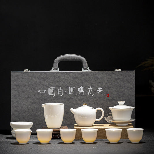 Fengming (Phoenix) Teapot Set — White Porcelain Gongfu Tea Ware with Jade-like Glaze & Storage Box