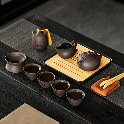 Artisan Purple Clay Tea Set — Handwritten Proverbs & Bamboo Tray for Mindful Brewing