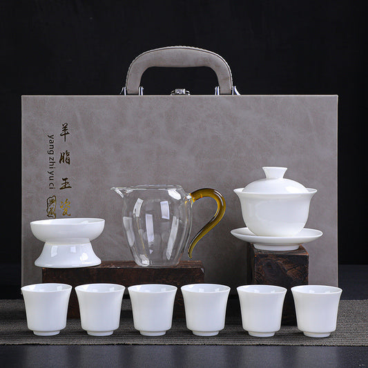 Dehua Porcelain Tea Set with Hand-Painted Design — Complete Ceramic Set for Home and Office
