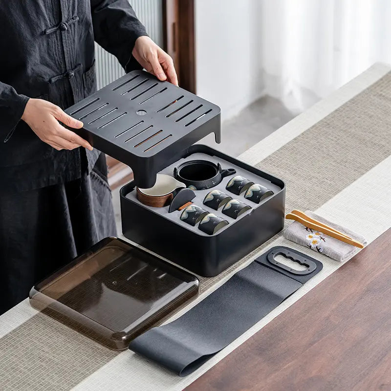 Black Ceramic Gongfu Tea Set — Complete Travel Set with Pot, Cups & Portable Storage Box