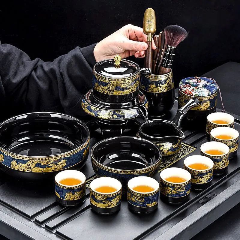 Black & Gold Automatic Gongfu Tea Set — Complete Lazy Teapot Setup for Home Use
