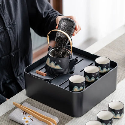 Black Ceramic Gongfu Tea Set — Complete Travel Set with Pot, Cups & Portable Storage Box