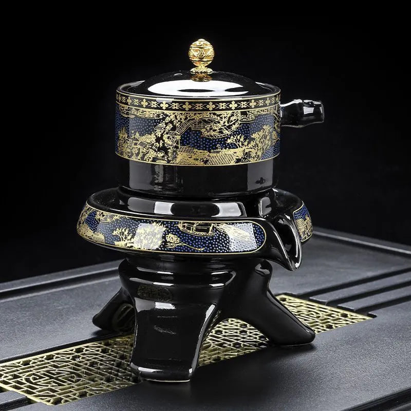 Black & Gold Automatic Gongfu Tea Set — Complete Lazy Teapot Setup for Home Use