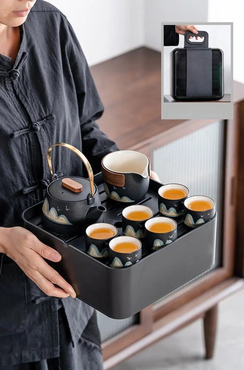 Black Ceramic Gongfu Tea Set — Complete Travel Set with Pot, Cups & Portable Storage Box