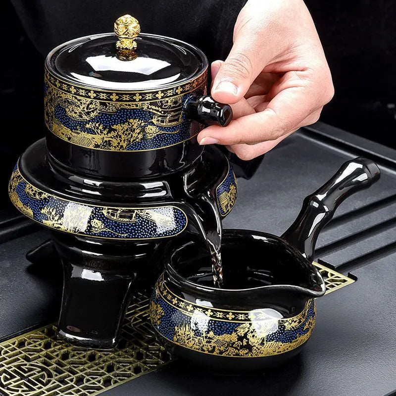 Black & Gold Automatic Gongfu Tea Set — Complete Lazy Teapot Setup for Home Use
