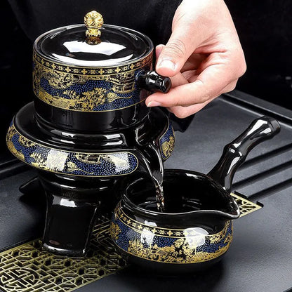 Black & Gold Automatic Gongfu Tea Set — Complete Lazy Teapot Setup for Home Use