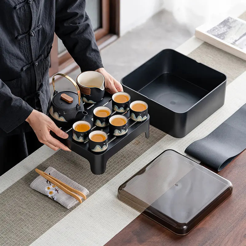 Black Ceramic Gongfu Tea Set — Complete Travel Set with Pot, Cups & Portable Storage Box