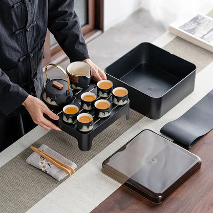Black Ceramic Gongfu Tea Set — Complete Travel Set with Pot, Cups & Portable Storage Box