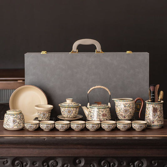 Enameled Ceramic Tea Set — Full Gongfu Configuration with Luxury Suede Gift Case