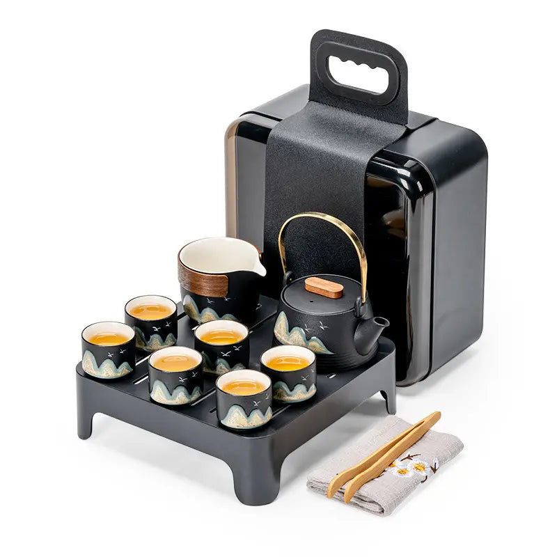 Black Ceramic Gongfu Tea Set — Complete Travel Set with Pot, Cups & Portable Storage Box