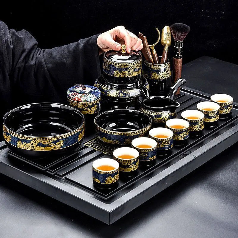 Black & Gold Automatic Gongfu Tea Set — Complete Lazy Teapot Setup for Home Use